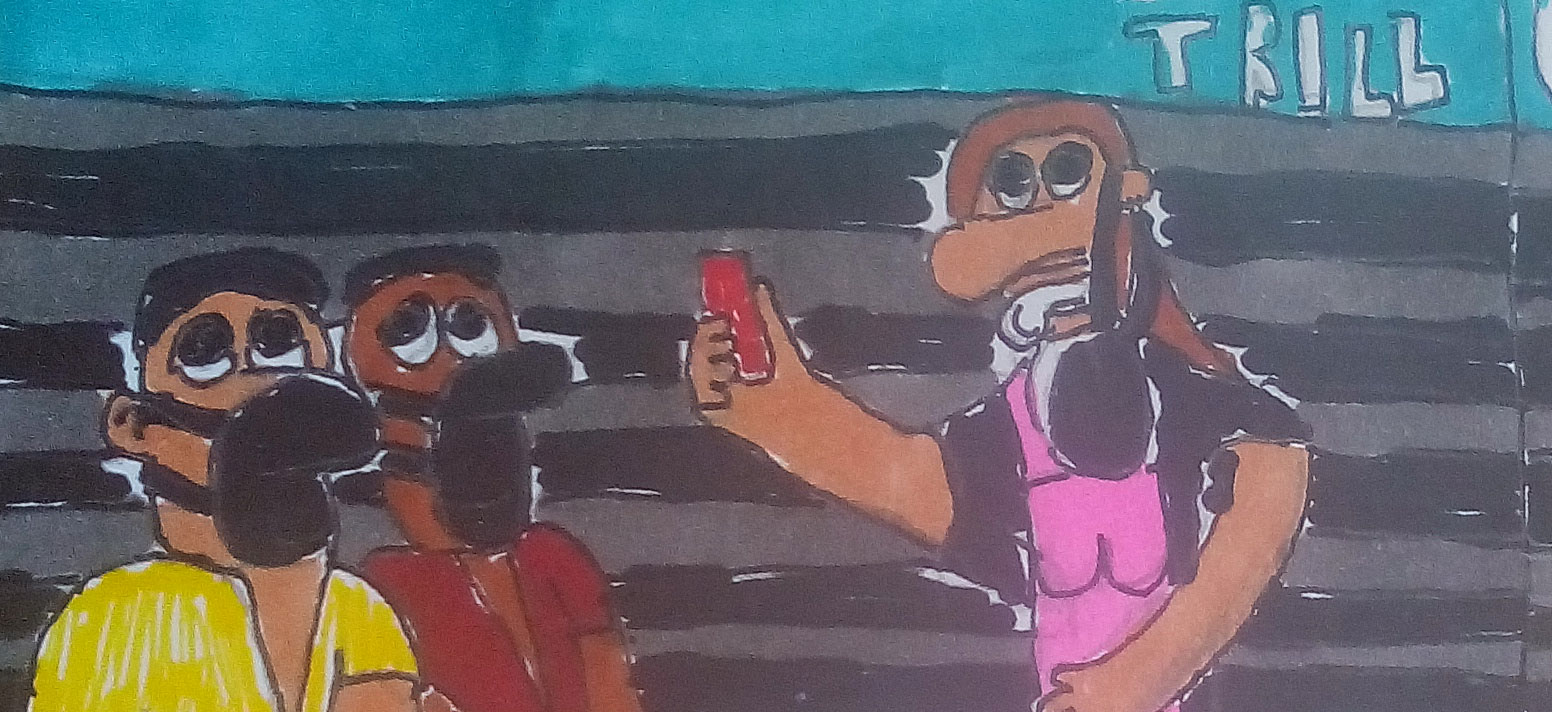 Zeichnung von zwei Spieler mit Mundmaske denen eine Schiedrichterin eine rote Karte zeigt